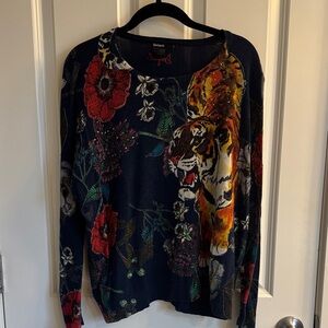 Desigual Women's Vibrant Tiger and Floral Sweater - Multicolor. Size S.